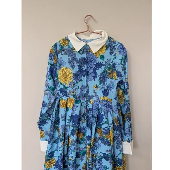 Unique Vintage Light Blue Floral Peter Pan Collar Mod Babydoll Dress 60s Small - Picture 13 of 14